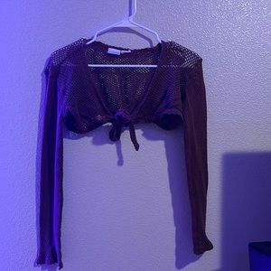 Brown crochet front tie crop